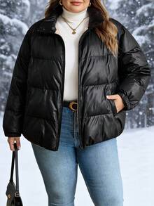 SHEIN CURVE+ Große Damen Reißverschluss Kapuzen Jacke mit Polsterung für Herbst und Winter, dick