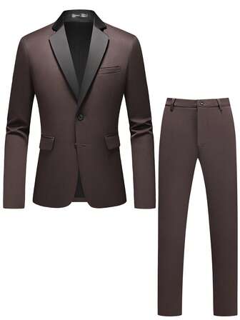 Manfinity Bizformal Men's Notched Lapel Single-Breasted Suit Jacket And Trousers, Formal Tuxedo Set