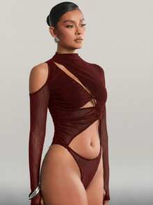 Hauture 女士纯色不对称剪裁长袖连体衣 - 酒紅色 - 查看 5