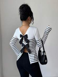 Elenzga 女士条纹露背蝴蝶结长袖休闲T恤 - 黑色 - 查看 5