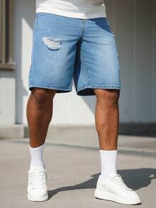 Manfinity Homme Men's Vintage Street Style Washed Distressed Blue Denim Shorts, Comfortable And Textured, Suitable For Summer Daily Wear, For A Great Gift For Boyfriends And Husband Washed Denim Shorts Men Light Blue Denim Shorts Men Plus Size Men Denim Shorts Men's Ripped Denim Shorts Men's Jorts - Blue - View 5