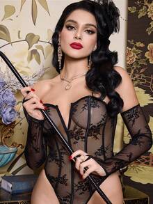 PinupPomp Bộ đồ liền thân ren hoa ôm sát - Bộ đồ liền thân corset cổ điển quyến rũ, thanh lịch và gợi cảm dành cho nữ Bộ đồ lót Goth Setlingerie>Bộ đồ lót Blacklingerie Ensembleblack - màu đen - Xem 5