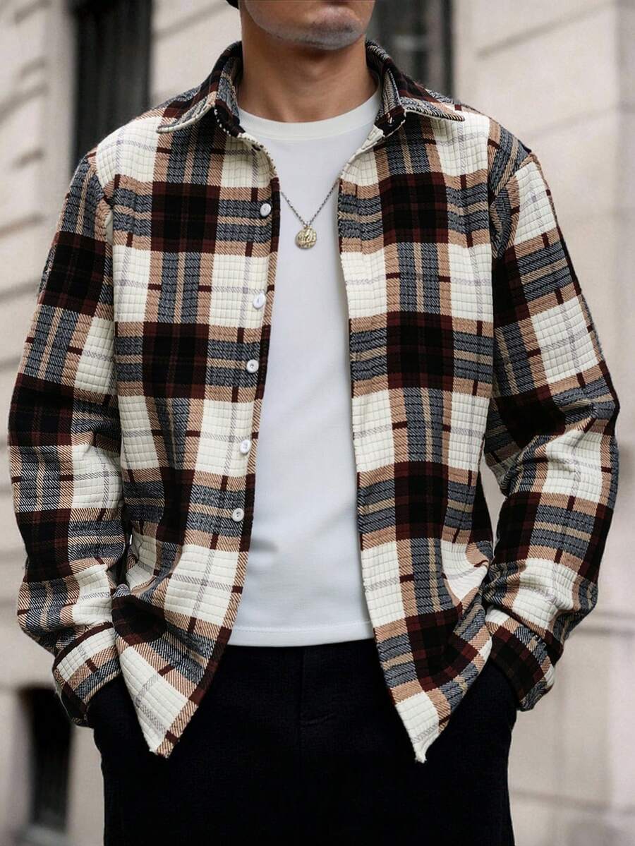 Manfinity Homme 男士灯芯绒格子长袖厚领衬衫,男士衬衫,复古格子法兰绒长袖法兰绒衬衫,男士格子衬衫,男士法兰绒衬衫,复古风格,适合日常休闲、周末旅行、户外活动、探险旅行、轻松的工作环境或半正式场合,可作为男友/丈夫礼物、周年纪念/生日礼物、派对礼物、圣诞节礼物、新年礼物、婚礼礼物。 - 彩色 - 查看 1