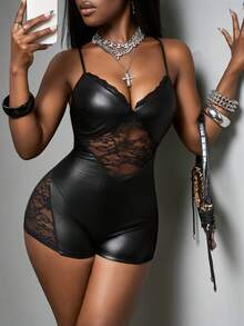 Slaydiva 新款Y2K街头风休闲简约基础款蕾丝边吊带性感透视蕾丝拼接PU皮超短紧身连体裤，适合音乐节、情人节、日常穿着和约会。 - 黑色 - 查看 10