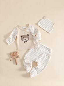 3pcs Cute Cartoon Cotton Striped Newborn Baby Bear Striped Set - Multicolor - View 1