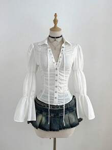 Elamini Women's White Long Sleeve Shirt, Elegant Styling, Versatile For Autumn/Winter Everyday Commute, Relaxed Fit With Textured Fabric - White - View 1