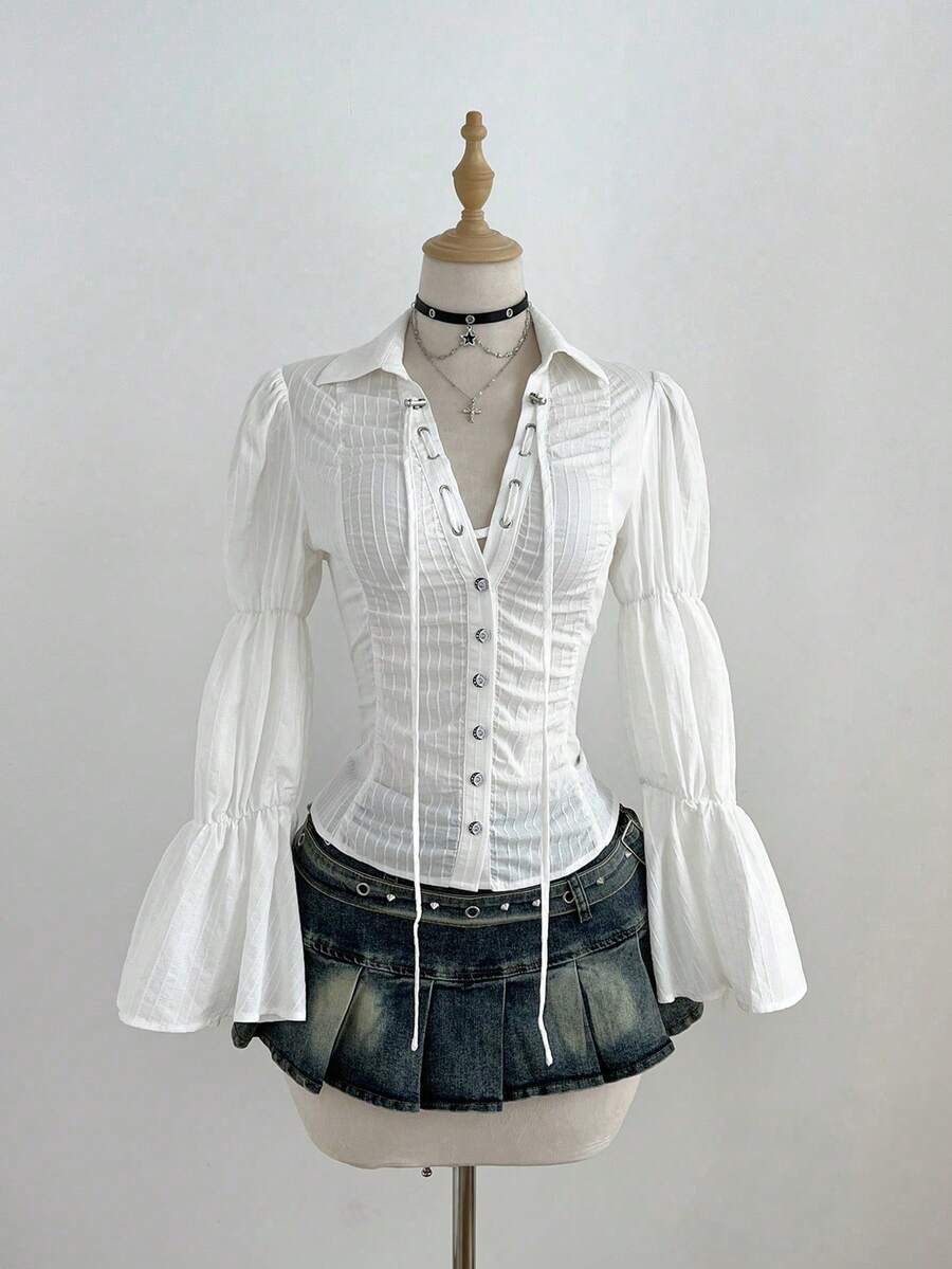 Elamini Women's White Long Sleeve Shirt, Elegant Styling, Versatile For Autumn/Winter Everyday Commute, Relaxed Fit With Textured Fabric - White - View 1