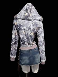 SHEIN ICON Áo nỉ nữ in họa tiết cành cây cổ điển, ren tương phản - Xám - Xem 2