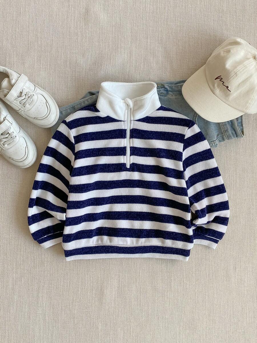 PrepCrw 1 件年轻女孩优雅都市百搭经典蓝白条纹领半拉链长袖运动衫，适合上学、休闲外出、旅行、聚会、度假、秋冬季 - 藍白色 - 查看 1