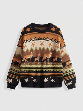 Fairycore Suéter de cuello redondo casual versátil de manga larga con estampado total