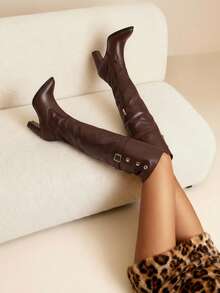 Daringsoles 2025秋冬新款女士二合一尖头过膝长靴，粗跟修身马术靴，配腰带扣 - 咖啡棕 - 查看 7