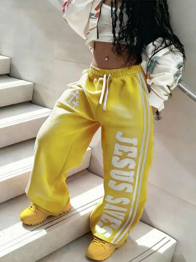 Rovax 女士休闲宽松图案字母和十字印花裤，时尚街头风格，适合春夏拍摄