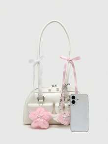 ROMWE Kawaii Túi đeo vai kẻ caro phong cách cổ điển dễ thương dành cho nữ có nơ, họa tiết anh đào và trái tim, túi Boston nhiều ngăn, túi đi học, đi dạo phố và túi Nhật Bản dành cho nữ - Ngọc trai trắng - Xem 2