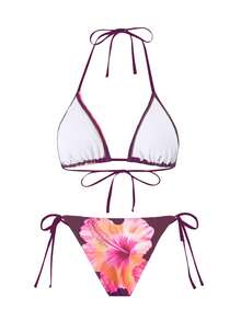 Swim Oasis 3件套女士夏季海滩度假休闲套装，印花比基尼套装和网纱系带沙滩裙，波西米亚风泳装 - 彩色 - 查看 4