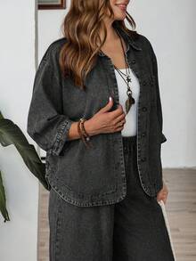 EMERY ROSE Blouse en jean décontracté à boutons pour grandes tailles - Noir - Voir 5