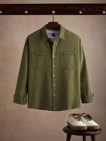 Core Aspect 男士双口袋纽扣超大衬衫，宽松长袖纽扣纯色翠绿色休闲衬衫，男友礼物，秋季