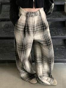 DAZY 女款休閒格紋拼接直筒褲，寬鬆版型，保暖內裡，適合秋冬，街頭風，新年、聖誕校園穿搭 - 黑與白 - 查看 7
