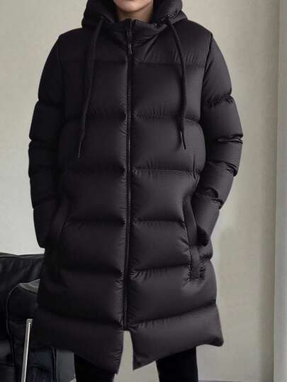 Lång svart täckjacka med huva för kvinnor, fritidskläder med dragkedja