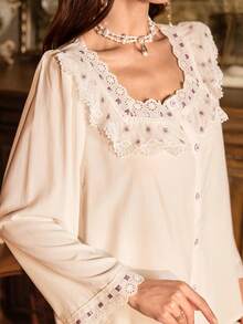 PalaceNights Set pigiama da donna con cardigan arricciato con ricamo vintage e pantaloni - Bianco - Visualizzare 5