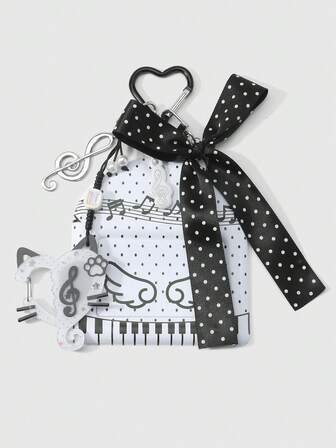 Anime 1 pieza Soporte horizontal de tarjetas de estilo Ins, casual y versátil, con un diseño minimalista retro de alta calidad con lunares en blanco y negro, lazo de cinta, nota musical hueca de acrílico, cuerda de cuero trenzado, teclado de piano brillante de PVC, adecuado para mujeres, niñas, amigos, uso diario, regalo de vacaciones