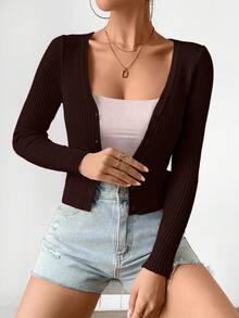 Women's Solid Color Ribbed Knit Cardigan With Front Button, Slim Fit, Spring/Autumn - Brown - View 6