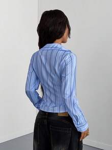 StreetHx 女式条纹修身单排扣休闲衬衫 - 藍色 - 查看 2