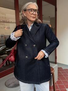Vivie Lora Veste en jean décontractée à col cranté et double boutonnage pour femmes, automne - Bleu marine - Voir 3