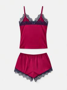 lacRébo Elegant Burgundy Satin Pajama Set For Women,Summer Cami And Shorts With Navy Blue Lace Trim,Lounge Lingerie Sleep Set - Purple - View 9