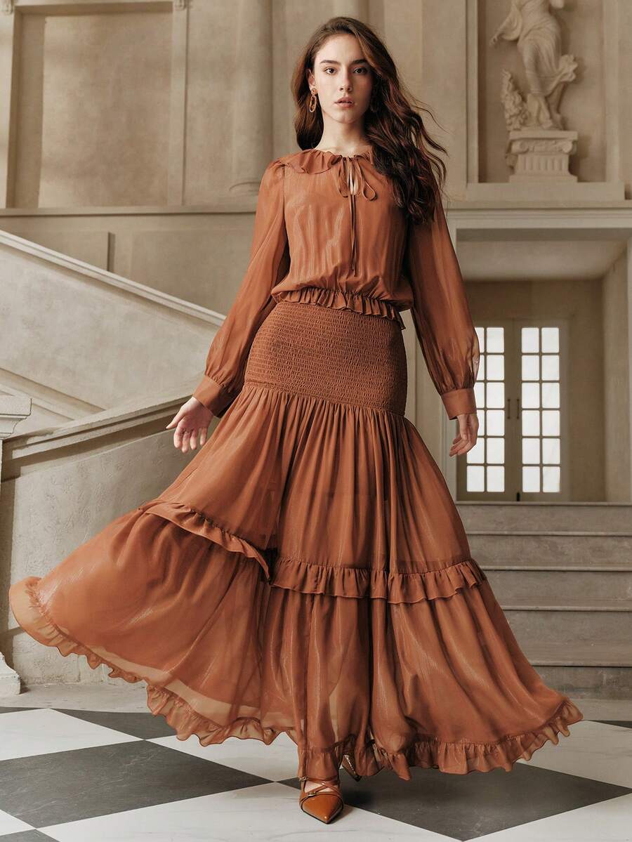 SHEIN Unity Women's Elegant Ruffled Maxi Dress, Brown Tiered Party & Vacation Outfit - Rust Brown - View 1