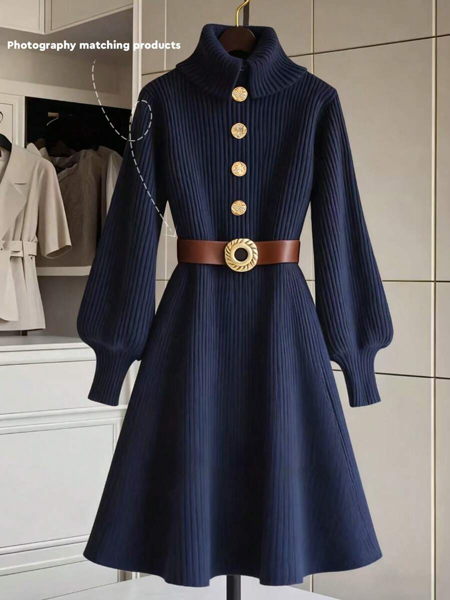 GlowEve 彼得潘领金属扣抽绳腰长袖休闲舒适优雅女士毛衣连衣裙 - 藏蓝色 - 查看 1
