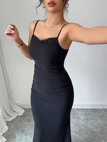 Elenzga Women Solid Color Fish Tail Hem Sling Mid-Calf Slim Fit Elegant Dress