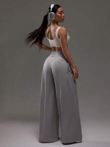 Dewbera Women's Ruched Casual Mesh Sports Pants, Spring/Autumn Wide Leg Yoga Pant Palazzo Pants Women - Grey - View 6