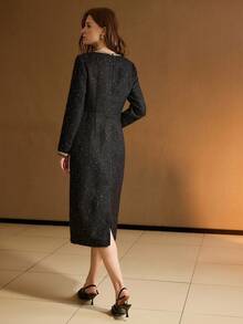 MOTF PREMIUM Vestido midi con detalles de cinta de contraste con lentejuelas, tweed y adornos de strass y perlas falsas - Negro - Ver 3
