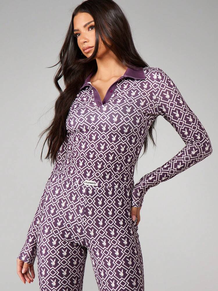 Missguided x Playboy Women Long Sleeve Fitted Polo Top Purple Geometric Print Bunny Logo Collared Button Front Fall Winter Casual Shirt