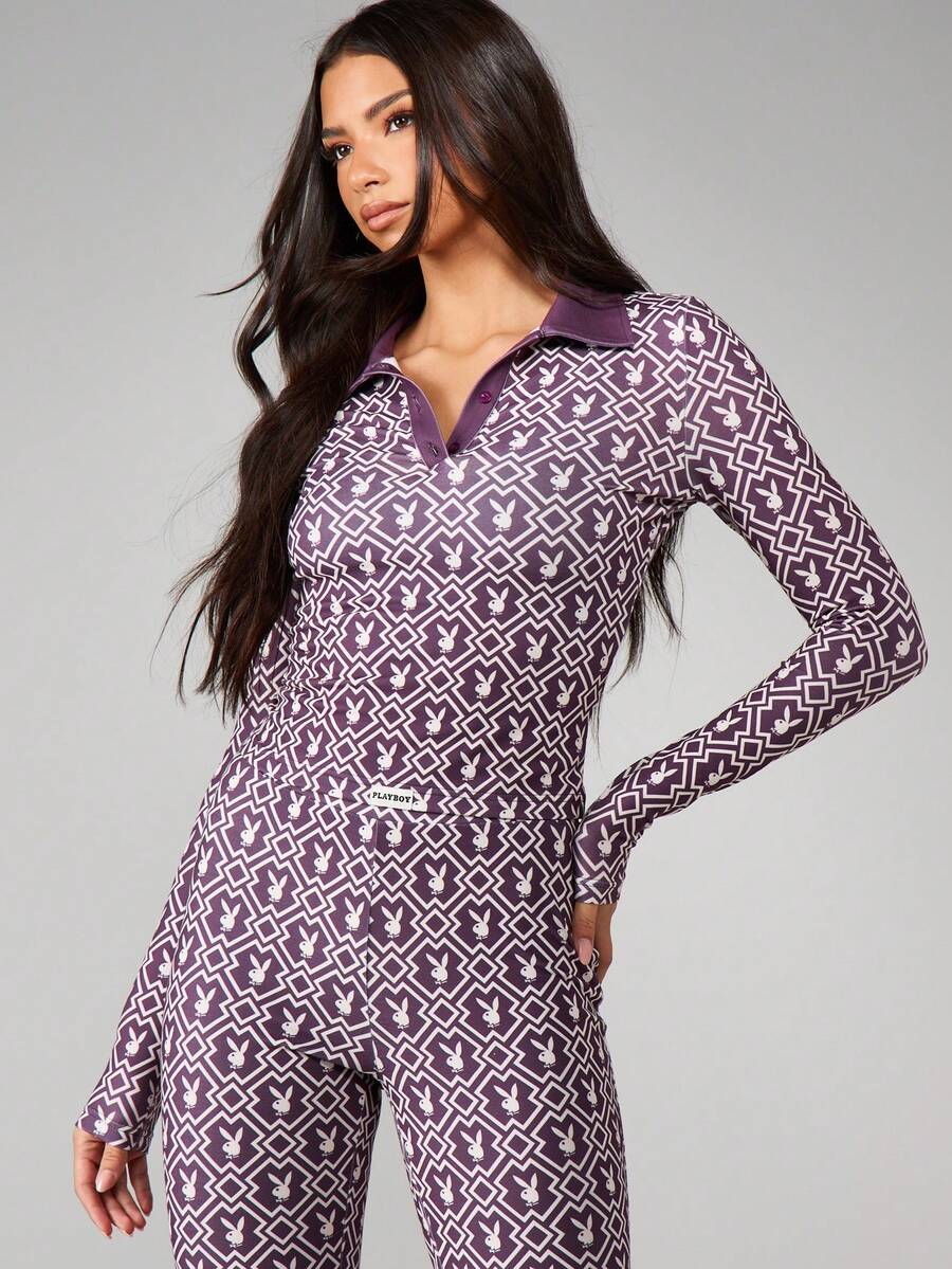 Missguided x Playboy 女士长袖修身 Polo 衫，紫色几何印花兔子标志，翻领纽扣前襟，秋冬休闲衬衫 - 彩色 - 查看 1