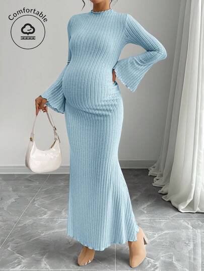 SHEIN Pregnant Women Solid Color Flared Sleeve Ribbed Fitted Mermaid Hem Elegant Dress Knit Maxi Dress Baby Blue Maternity Dress Maternity Dress Knit Dress Pregnancy Dress For Photoshoot