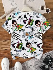 Teen Titans Go X SHEIN Tween Boy Short Sleeve Casual Graffiti Cartoon Pattern T-Shirt, Summer - White - View 2