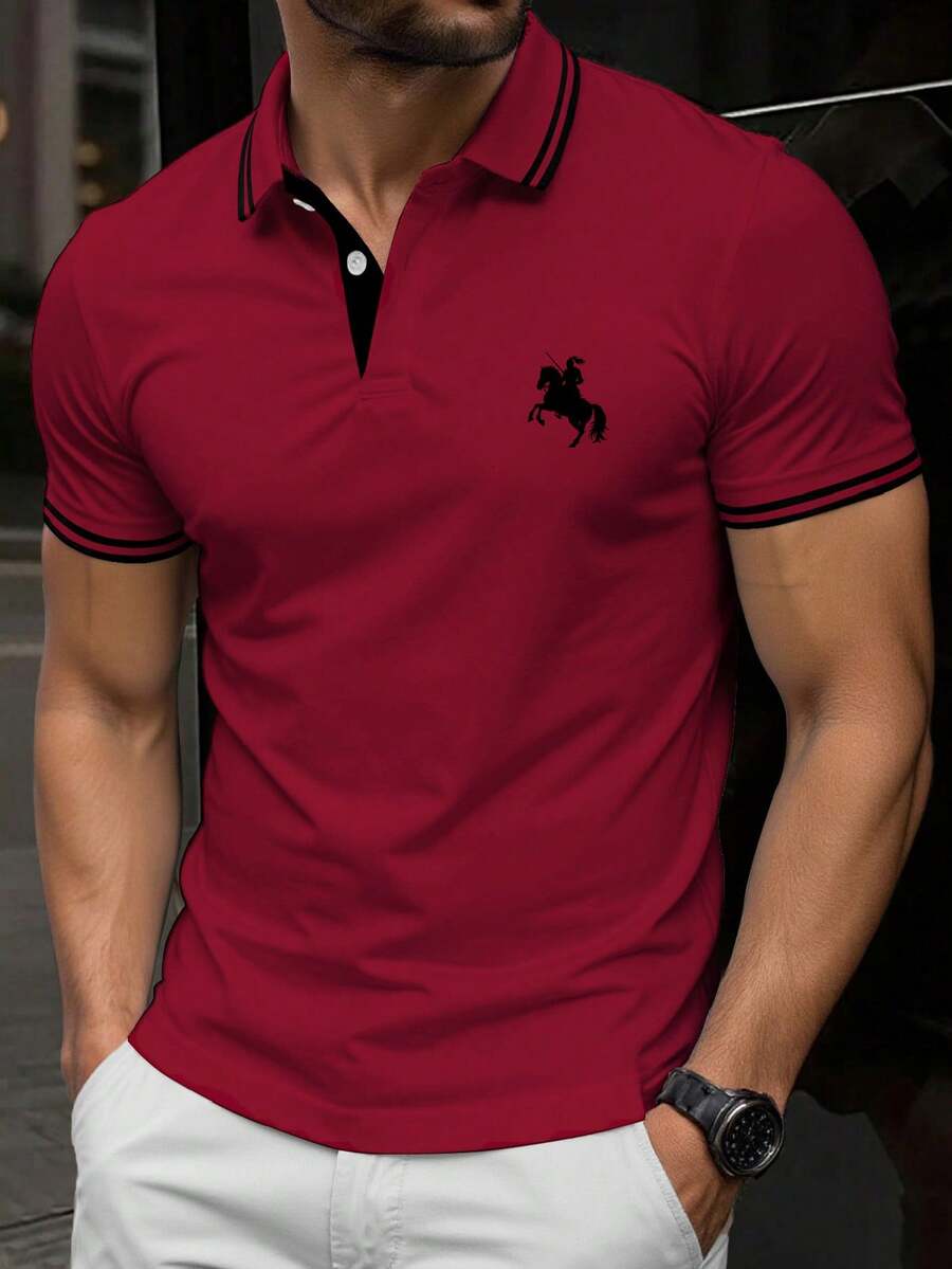 Manfinity Dauomo 男士 Polo 衫,夏季,商务休闲,成熟男士魅力,图案设计,骏马印花,男士必备单品,100% 引人注目,适合日常、假日和约会穿着 - 紅色 - 查看 1