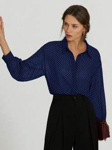 Aveloria Modichic Minimalist All-Match Versatile Black & White Chiffon Polka Dot Sheer Collared Long Sleeve Blouse, Suitable For Spring & Summer - Navy Blue - View 6