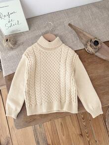 SHEIN Emery Rose Kids 女童纯色麻花针织高领毛衣，秋冬季，高领长袖针织毛衣，女童休闲不对称下摆套头衫，柔软保暖，适合冬季穿着，可爱复古，适合圣诞节，非常适合秋冬季休闲日常穿着和上学穿着，温暖舒适的长袖，非常适合休闲日常穿着和上学穿着，适合家庭度假穿着。 - 米色 - 查看 4