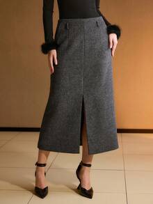 MOTF PREMIUM WOMEN'S HERRINGBONE PATTERN STRAIGHT WOOL BLEND SKIRT - Dark Grey - View 3