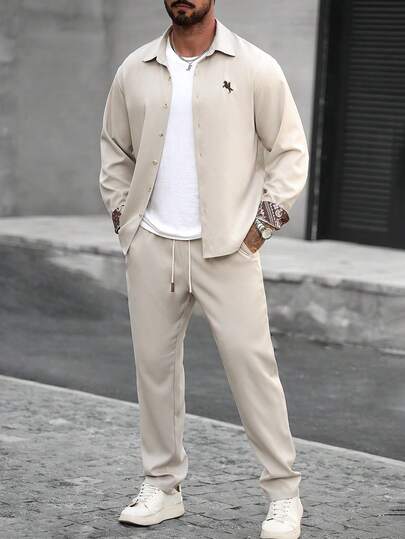Manfinity Homme Men's Long Sleeve Shirt + Elastic Waist Drawstring Pants Set, Featuring Embroidered Shirt, Paisley Print Trim On Collar And Cuffs. Suitable For Casual, Business, Formal Occasions, Daily Wear, Gifts Cream Outfit Men Beige Men Outfit Men Nude Outfit Men Casual Champagne Outfits