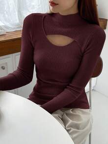 DAZY Sweater Turtleneck Lengan Panjang Minimalis Warna Polos untuk Wanita, Cocok untuk Sehari-hari - Redwood - View 5
