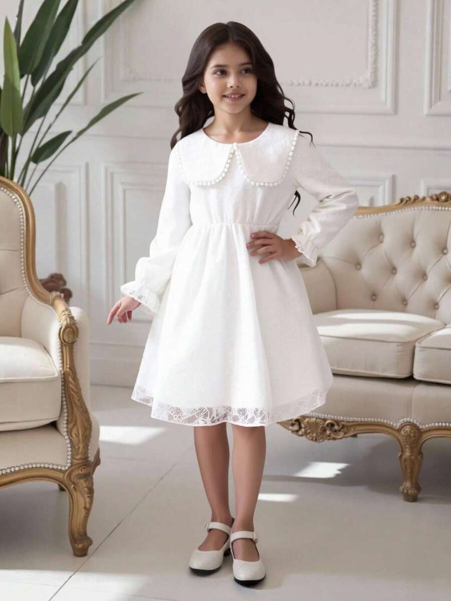 Elladie kids 女童碎花蕾丝领长袖连衣裙，可爱甜美的乡村风格，适合春秋季穿着，适合外出、上学、家庭聚会和玩耍。 - 白色 - 查看 1