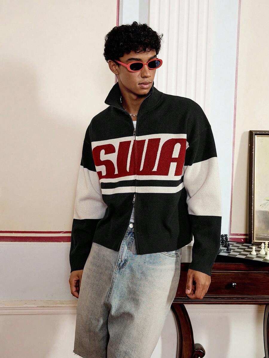 SWAVVY Cárdigan de punto casual con estampado de letras de manga larga para hombre, adecuado para otoño/invierno - Blanco y Negro - Ver 1