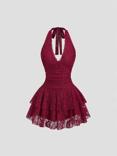 Sweetra Petite Women's Red Sleeveless V-Neck Lace Patchwork Sexy Mini Dress Bachlorette Party Dress Red Lace Dress