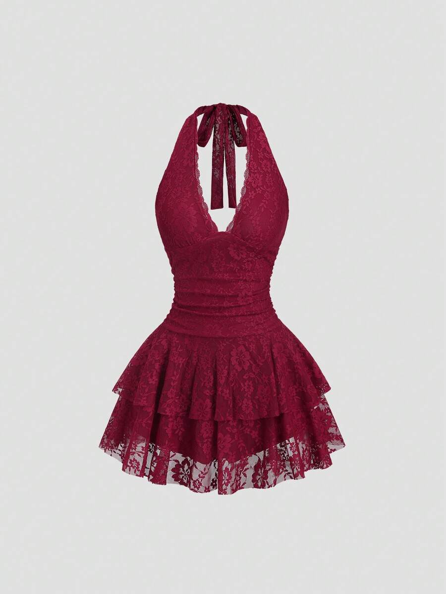 Sweetra Petite 女士红色无袖V领蕾丝拼接性感迷你连衣裙 - 酒紅色 - 查看 1