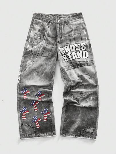 Jeans amples et décontractés à jambe large avec motif de chaîne de lettres pour hommes