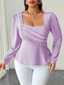 Elenzga 大码女式春秋季长袖方领收腰珍珠装饰优雅浪漫衬衫 - 紫色 - 查看 6