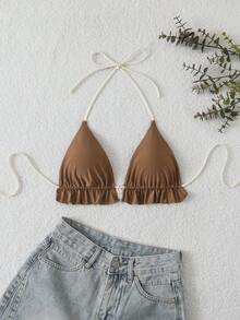 Swim Mod Women's Contrast Color Halter Neck Bikini Top - Coffee Brown - View 3